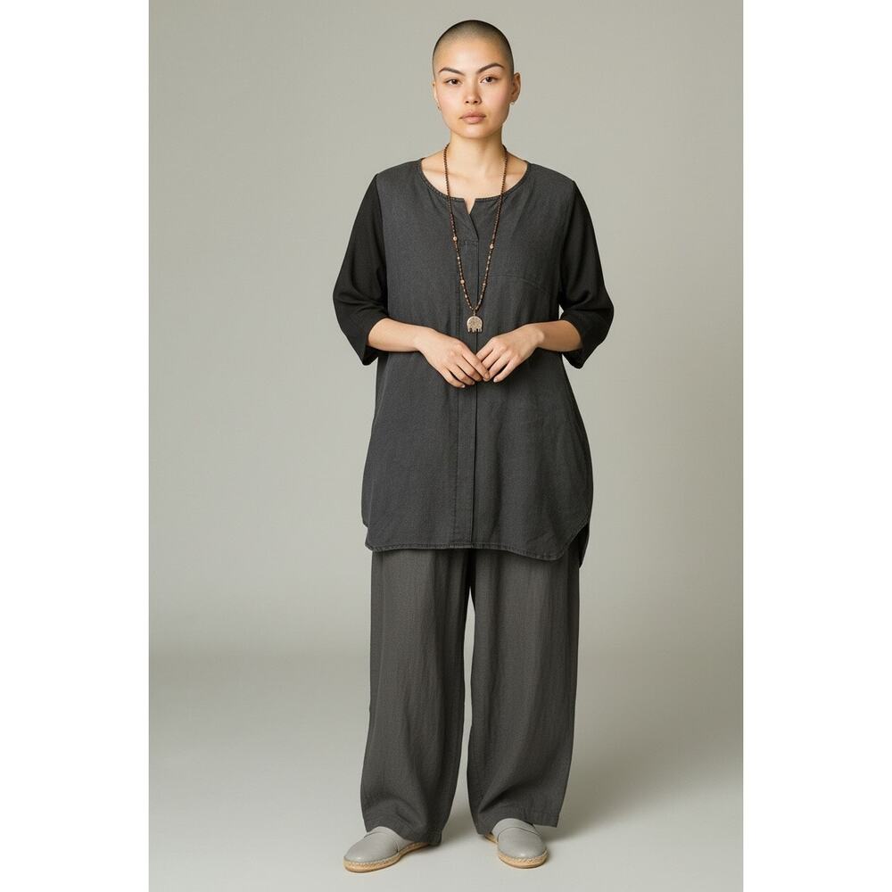 Minimalist Black 100% Linen 3/4 Sleeve Blouse - Korean Chic Aesthetic Large